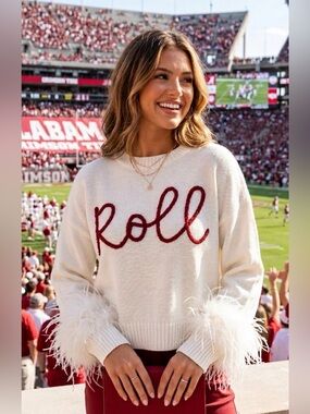 New! QUEEN OF SPARKLES Glitter Script Roll Feather Sweater Oversized XS
